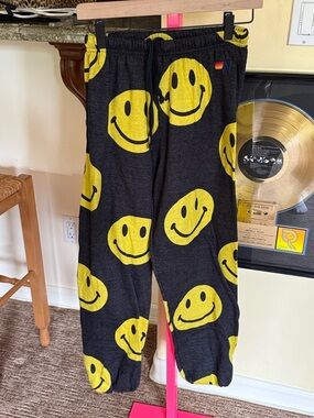 AV AVIATOR NATION Smiley Face Jogger Pants - Yellow on Black SIZE SMALL